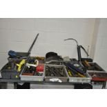 TEN TRAYS CONTAINING TOOLS incjuding drill bits, grease guns, hammers, grinding wheels, etc