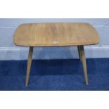 AN ERCOL MODEL 748 BLONDE ELM AND BEECH OCCASIONAL TABLE, on cylindrical tapering legs, width 72cm x
