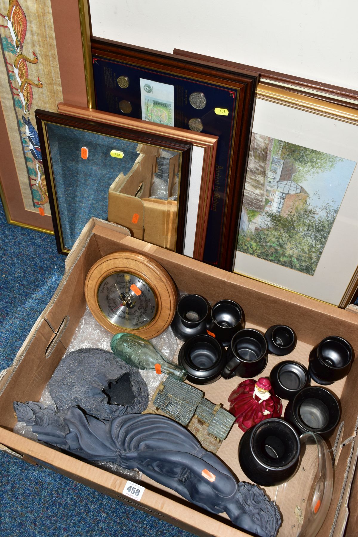 A BOX OF CERAMICS, GLASSWARE ETC, AND SEVEN LOOSE PICTURES/MIRROR, including a Royal Worcester