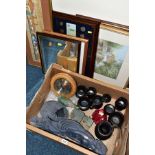 A BOX OF CERAMICS, GLASSWARE ETC, AND SEVEN LOOSE PICTURES/MIRROR, including a Royal Worcester