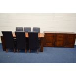 A HARDWOOD DINING TABLE, on block legs, length 200cm x depth 90cm x height 78cm, six leather chairs,