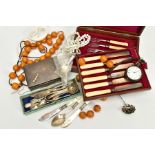 A BOX OF MISCELLANEOUS ITEMS, to include a silver pair cased pocket watch, white dial, Roman