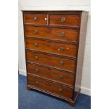 A TALL EARLY 20TH CENTURY MAHOGANY CHEST OF TWO SHORT OVER FIVE LONG DRAWERS, with brassed