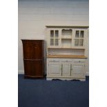 A WHITE PAINTED AND PINE DRESSER, with three drawers, width 148cm x depth 46cm x height 198cm,