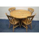 A MODERN CIRCULAR PINE DINING TABLE, diameter 106cm x height 76cm and four beech chairs (5)