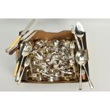 A BOX OF WHITE METAL CUTLERY, to include pieces such as a silver handled Kings pattern carving