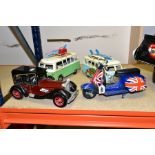 FOUR MODERN TINPLATE COLLECTABLE VEHICLE MODELS, two Volkswagen style split screen camper vans,