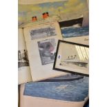 A QUANTITY OF CUNARD LINER PRINTS AND EPHEMERA, to include prints of R.M.S. Mauritania, 'Queen Mary'