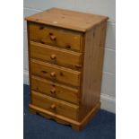 A MODERN PINE CHEST OF FIVE LONG DRAWERS, width 56cm x depth 42cm x height 89.5cm