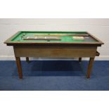 A RILEY OAK BAR BILLIARDS TABLE, length 182cm x depth 99cm x height 92cm along with cues, balls,