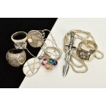 A SELECTION OF WHITE METAL JEWELLERY, to include a snake chain necklace fitted with a lobster claw