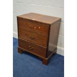 A SMALL GEORGIAN STYLE MAHOGANY CHEST OF THREE DRAWERS, on bracket feet, width 60cm x depth 40cm x