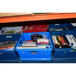 SIX BOXES OF BOOKS AND A COLOUR PRINT, books include mostly paperbacks, sci-fi, reference,