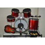 A GEAR 4 MUSIC FIVE PIECE DRUM KIT in metallic red including a 22''x 16'' bass drum, a 16''x 16''