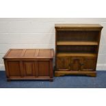 AN OAK OPEN BOOKCASE, above linenfold double cupboard doors, together with an oak blanket chest (2)