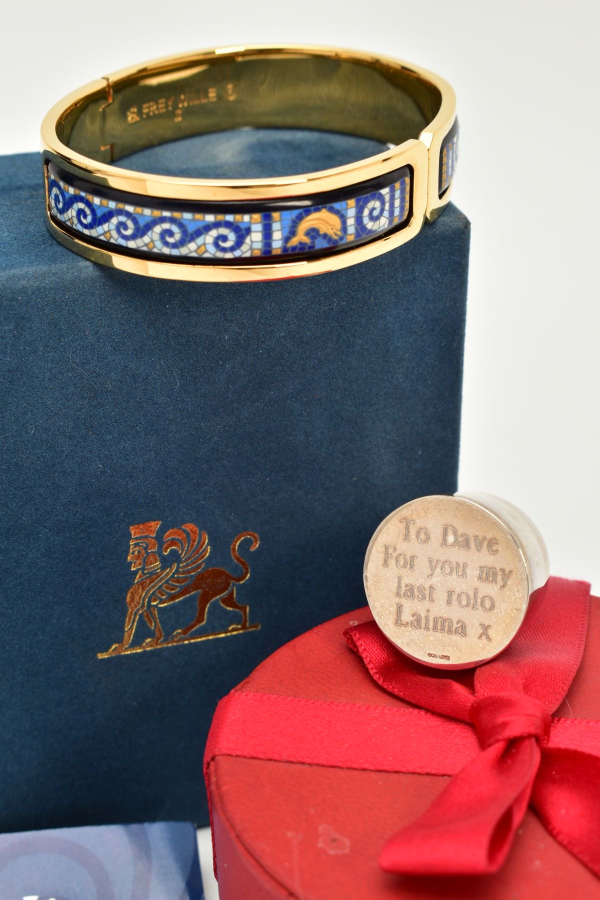 A SILVER ROLO KEEPSAKE AND AN ENAMEL FREY WILLE BANGLE, the cased silver Rolo engraved 'To Dave, for - Image 2 of 2