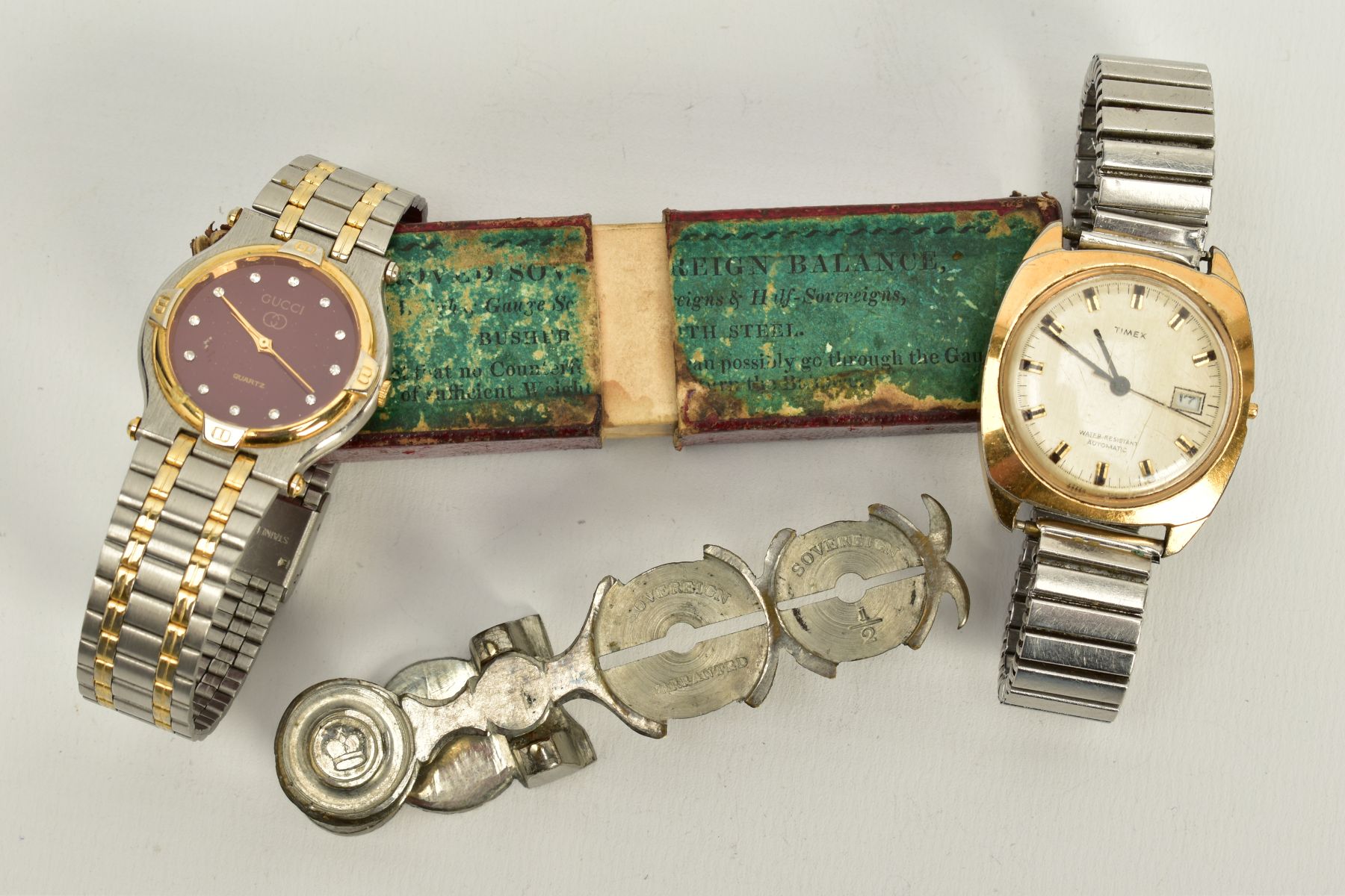 TWO GENTS WRISTWATCHES AND A PAIR OF SOVEREIGN SCALES, to include a 'Timex' gold coloured dial,