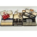 TWO BOXES OF METALWARE, to include five cased sets of cutlery, such as a set of twelve plastic