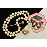 A CULTURED PEARL NECKLACE, EARRINGS AND A STICK PIN, the cultured pearl necklace, fitted with a