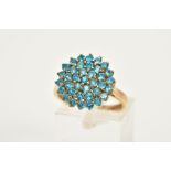 A 9CT GOLD CLUSTER RING, the large circular cluster set with circular cut blue stones assessed as