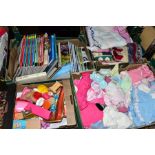 SIX BOXES to include dolls house furniture, dolls clothing and bedding, boxed board games,