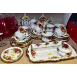 A ROYAL ALBERT OLD COUNTRY ROSES TEA SET, CLOCK, TRINKET BOX, ETC, including a tea pot, milk jug,