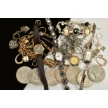 A SMALL QUANTITY OF JEWELLERY AND COINS, to include three ladies wristwatches, such as a '