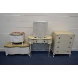 A CREAM GILT KIDNEY DRESSING TABLE (with a mirror) and tall chest of four drawers together with