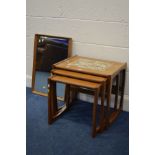 A G PLAN QUADRILLE TEAK TILE TOP NEST OF THREE TABLES (fluid marks) together with a teak wall mirror