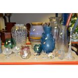 A SMALL GROUP OF GLASSWARES, AND LARGE DENBY JUG, to include a Loetz style vase, height 13cm,
