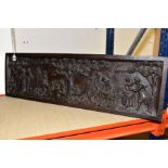 A WOOD EFFECT CAST RELIEF RESIN PLAQUE, depicting 18th century rural life, height 29cm x length 94.