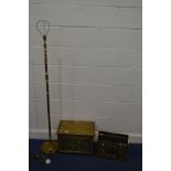 A BRASS SLIPPER BOX, brass magazine rack and a standard lamp (3)