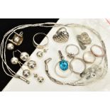 A COLLECTION OF WHITE METAL JEWELLERY to include various pendants, rings, earrings and chains to