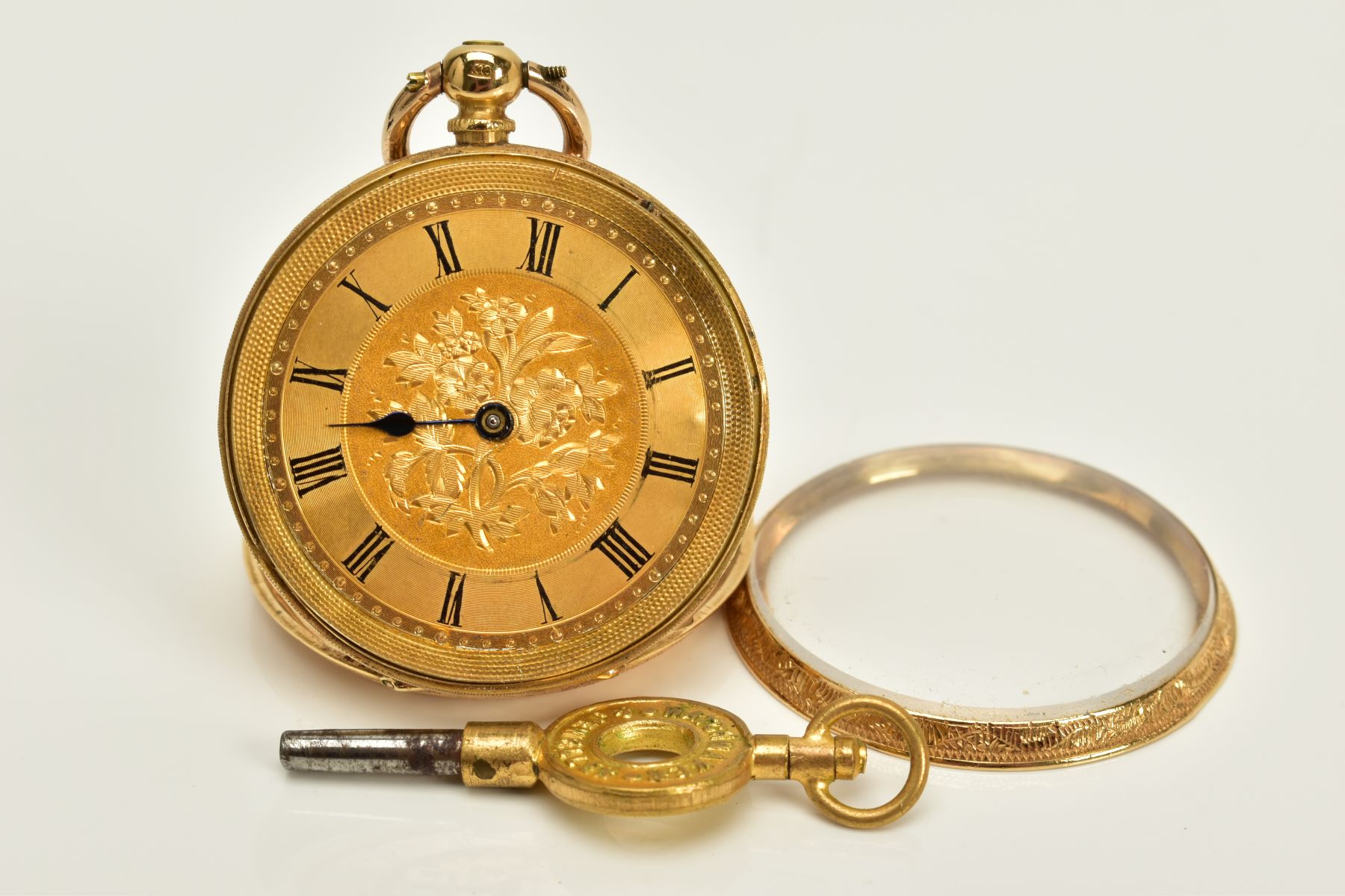 A VICTORIAN FOB POCKET WATCH, with a gold floral dial, Roman numerals, blue hand (missing a hand), - Bild 2 aus 5