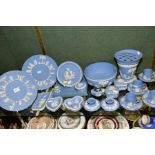 A GROUP OF WEDGWOOD PALE BLUE JASPERWARE, including cabinet plates, four coffee cans and saucers,