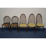 THREE ERCOL DARK ELM QUAKER WINDSOR CHAIR'S together with two Windsor kitchen chairs (5)