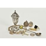 A SELECTION OF ITEMS, to include a silver pepper pot, hallmarked Birmingham 1904, a silver open work