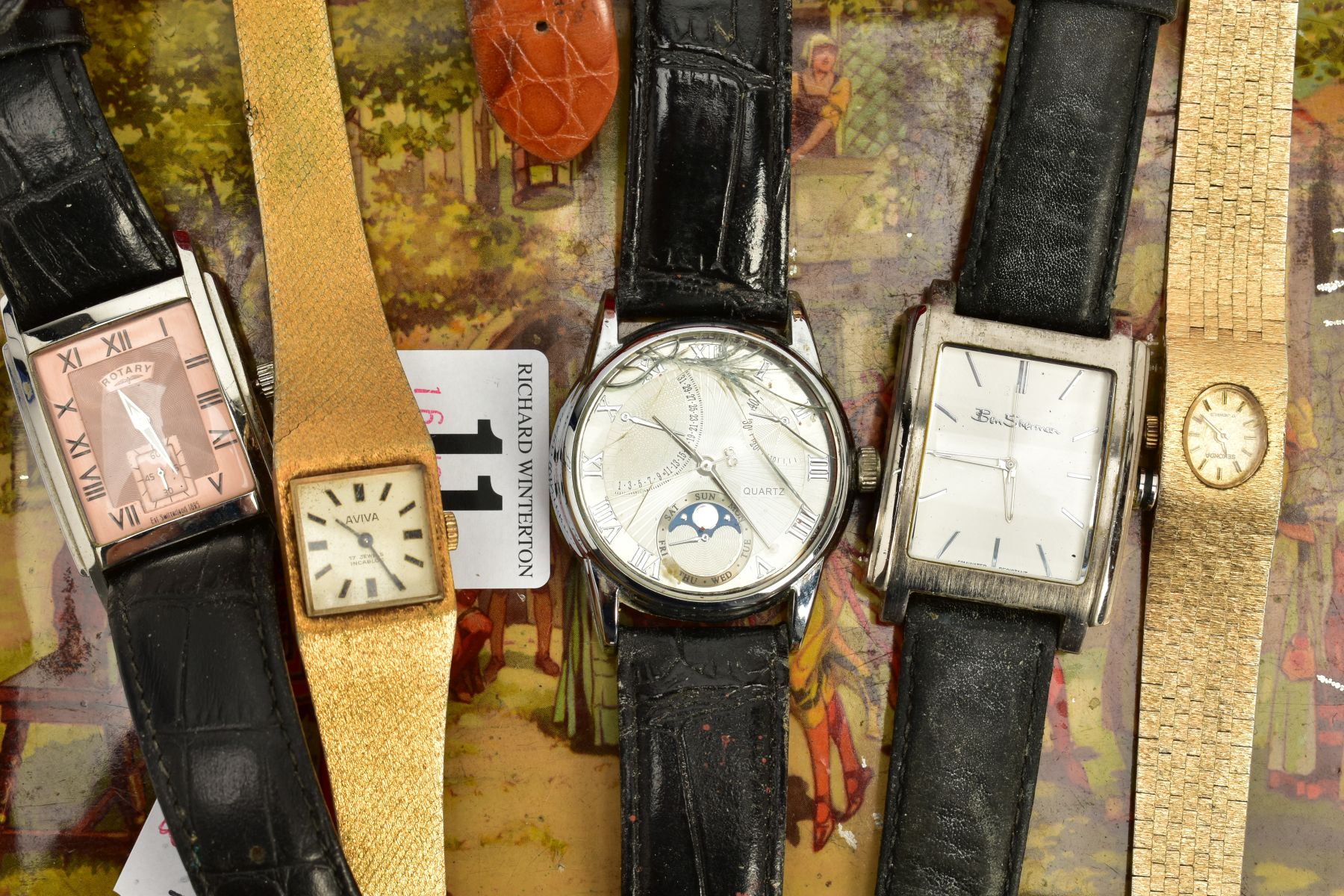 A TIN OF WRISTWACHES, to include six gents wristwatches, such as a rectangular cased 'Rotary' salmon - Image 2 of 3