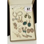 A TRAY OF WHITE METAL EARRINGS, to include eleven pairs of white metal pierced earrings, with