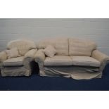 A MULTIYORK CREAM UPHOLSTERED TWO PIECE LOUNGE SUITE, comprising a two seater settee and an armchair