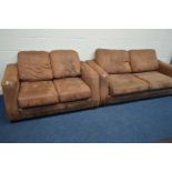 A DFS BROWN SUEDE TWO PIECE LOUNGE SUITE, comprising a three seater settee and a two seater