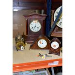 TWO EDWARDIAN MAHOGANY AND INLAID MANTEL CLOCKS, the larger with enamel dial, eight day movement,