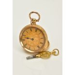 A VICTORIAN FOB POCKET WATCH, with a gold floral dial, Roman numerals, blue hand (missing a hand),