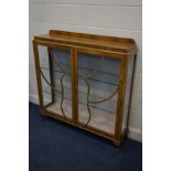 AN EARLY TO MID 20TH CENTURY WALNUT GLAZED TWO DOOR CHINA CABINET, width 118cm x depth 30cm x height