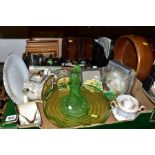 TWO BOXES AND LOOSE CERAMICS, GLASSWARE, TREEN, ETC, including a Paragon 'Bridesmaid' sugar bowl and