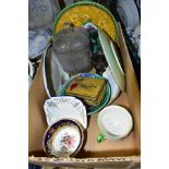 A BOX OF 19TH AND 20TH CENTURY CERAMICS, etc, including a moulded glass jar and cover, tin of