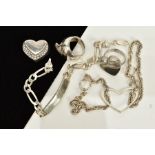 A COLLECTION OF WHITE METAL JEWELLERY to include various bracelets. Rings and pendants to include an