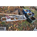 FIVE GLAZED GARDEN PLANT POTS, two metal and two wicker hanging baskets, a pair of aluminium steps