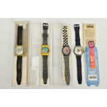 FOUR SWATCH WRISTWATCHES, of various designs and colours, two with rubber straps and swatch