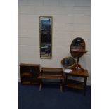 AN OAK LEAD GLAZED CUPBOARD, teak fold over card table, teak coffee table, tripod table, three